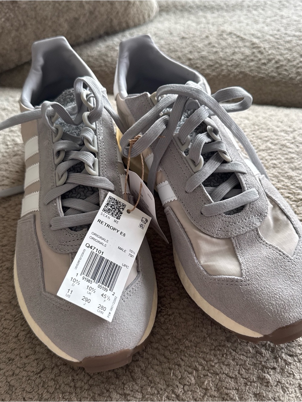 adidas Retropy E5 Sneakers in Light Gray and White with Brown Soles